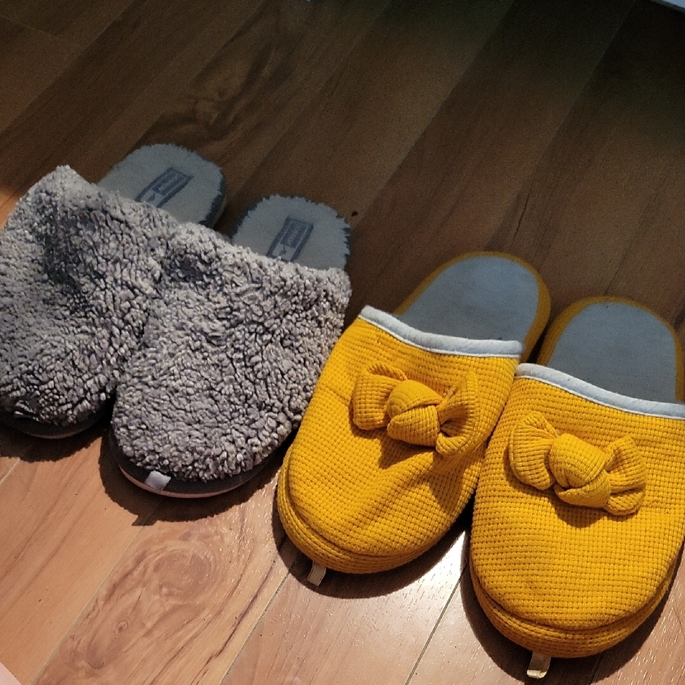 Yellow Bow Slippers and Gray Fuzzy Slippers